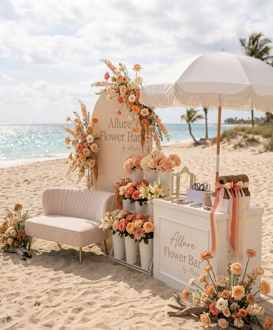 Flower Bar styled on the beach
