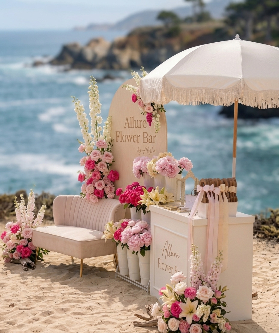 Allure Flower Bar installation - signage, blooms, and styled bar
