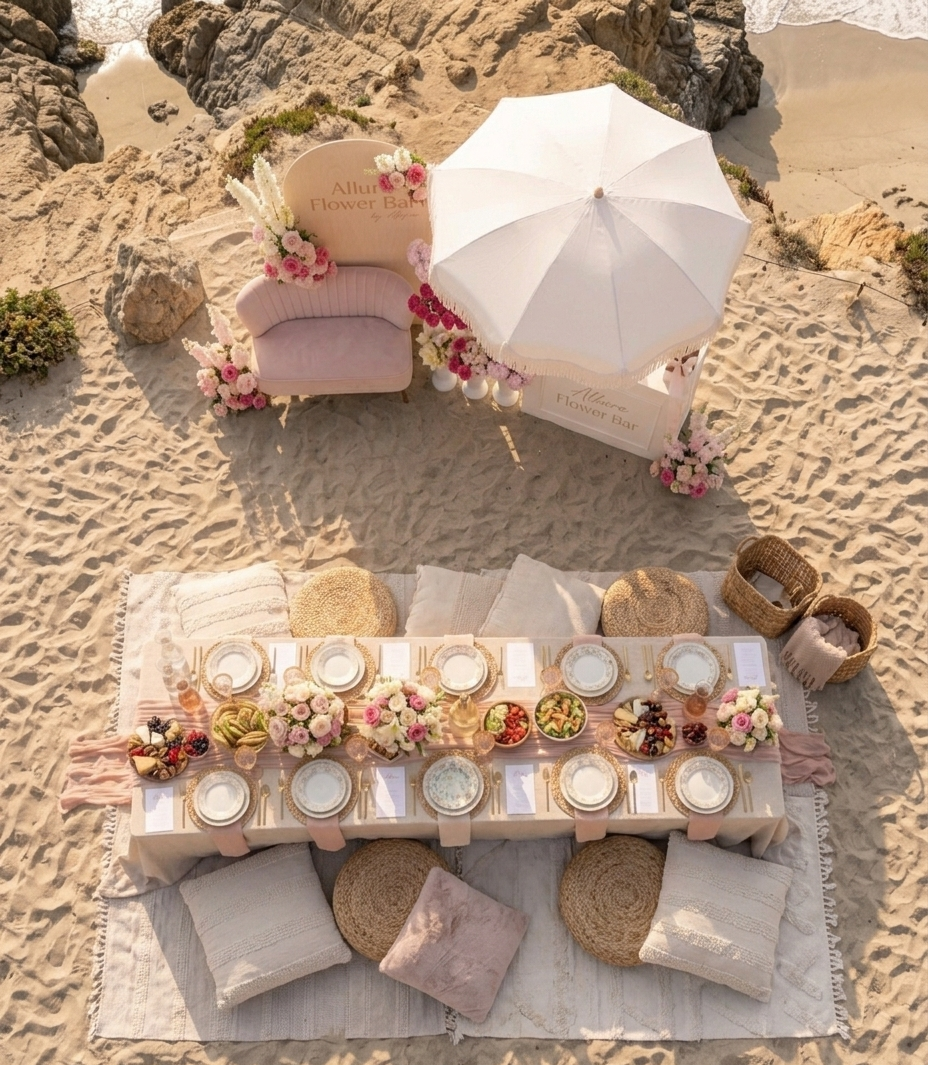 Allure Flower Bar beach picnic setup photographed from above