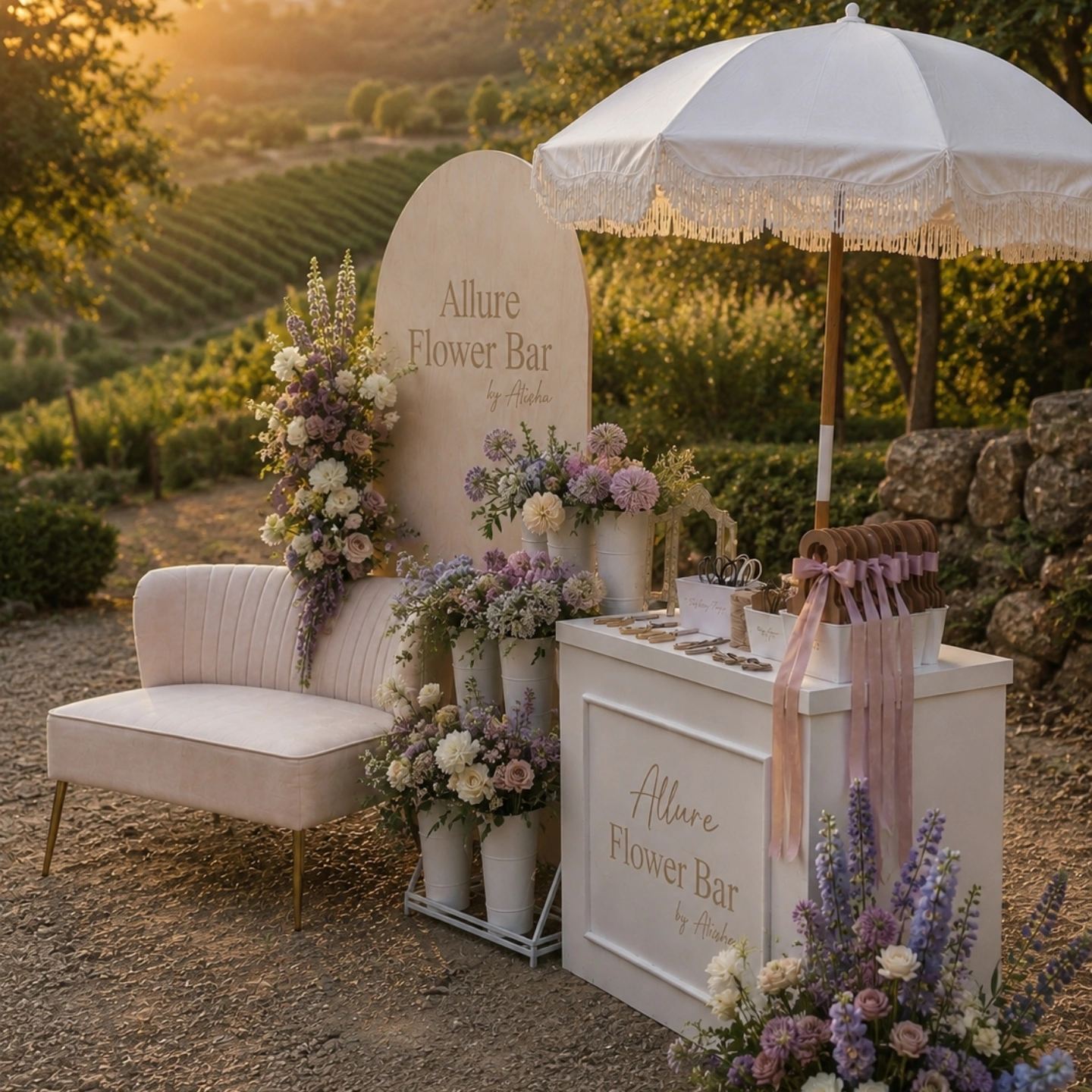 Allure Flower Bar vineyard setup with white umbrella and lavender florals
